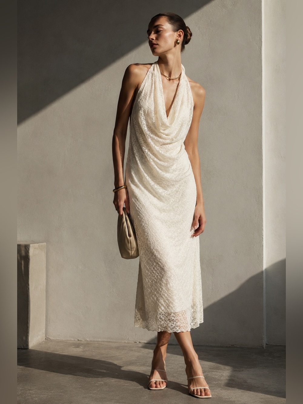 See You Monday Ivory Lace Cowl Neck Midi Dress XL NWT